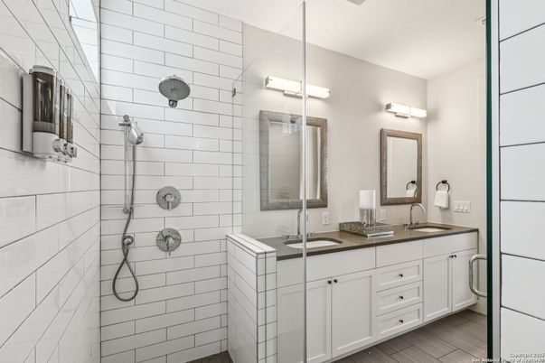 Bathroom, Dual Sink Vanities, Glass Shower, Interior, Wood Texture Flooring