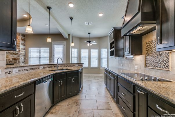 Interior, Kitchen, Pendant Lights, Recessed Lighting, Stone Walls