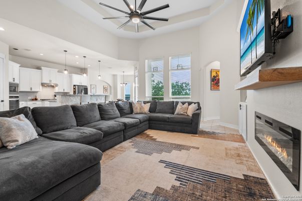 Fireplace, Interior, Kitchen, Living room, Pendant Lights, Recessed Lighting