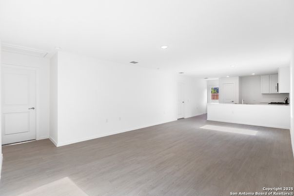 Empty room, Interior, Kitchen, Recessed Lighting, Wood Texture Flooring