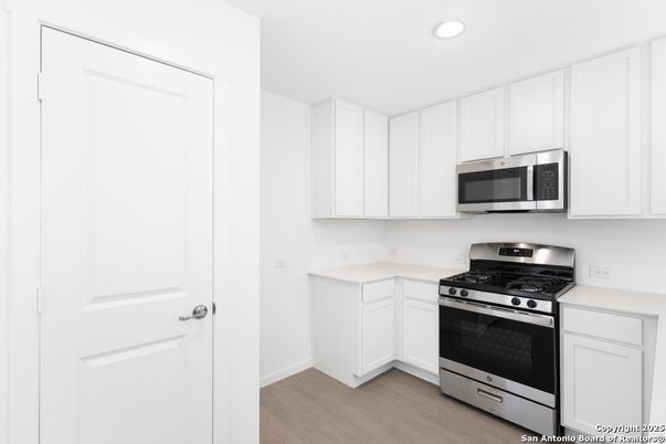 Interior, Kitchen, Recessed Lighting, Stainless Steel Appliances, Wood Texture Flooring