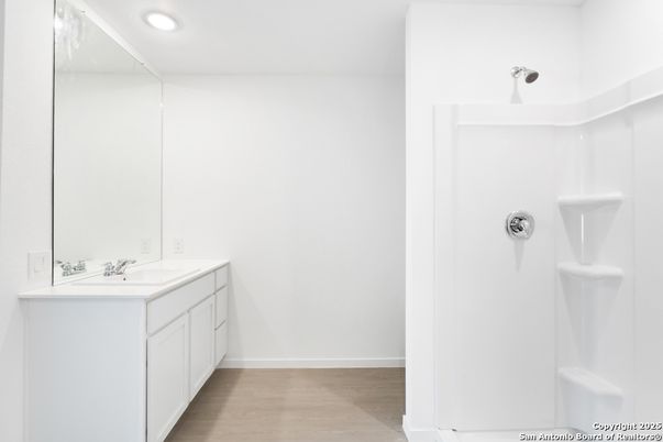 Bathroom, Interior, Recessed Lighting, Wood Texture Flooring