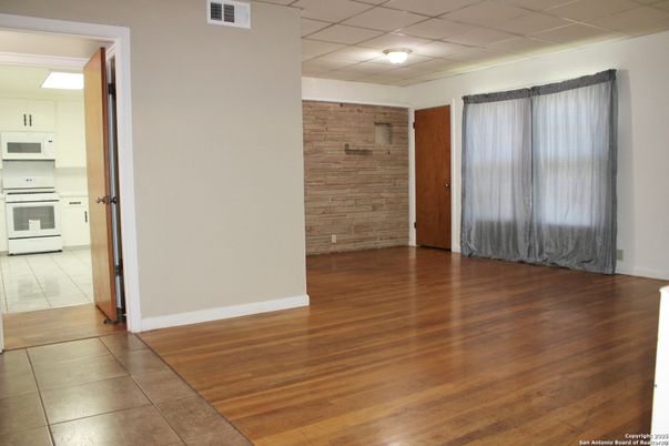Empty room, Interior, Kitchen, Stone Walls, Wood Texture Flooring