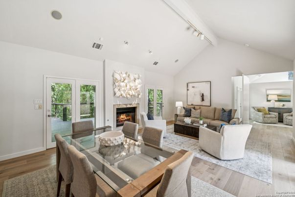 Dining room, Fireplace, Interior, Living room, Wood Texture Flooring