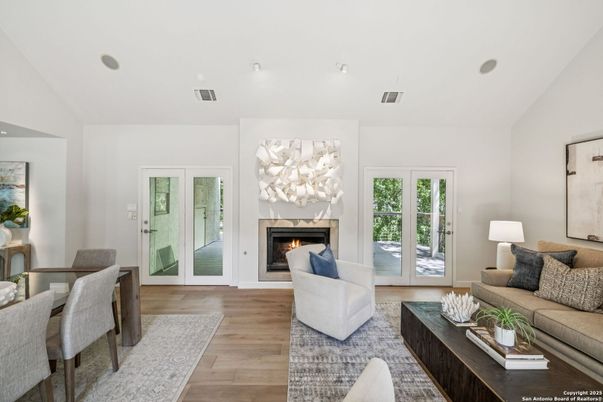 Fireplace, Interior, Living room, Recessed Lighting, Wood Texture Flooring