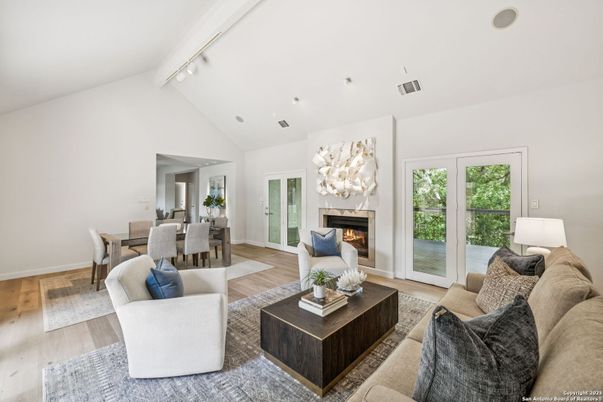 Dining room, Fireplace, Interior, Living room, Wood Texture Flooring