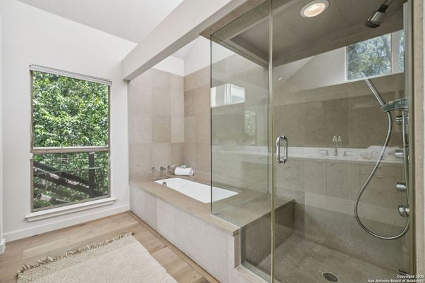 Bathroom, Glass Shower, Interior, Recessed Lighting, Wood Texture Flooring
