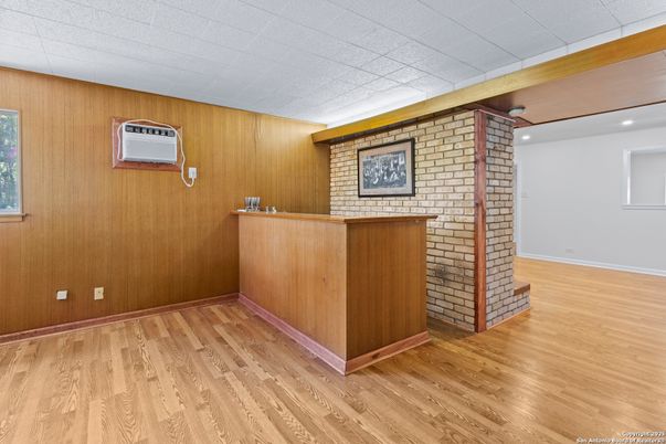 Empty room, Interior, Recessed Lighting, Stone Walls, Wood Texture Flooring, Wooden Walls