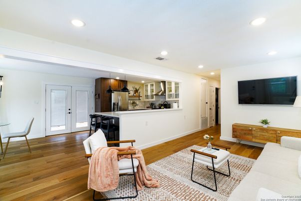 Interior, Kitchen, Living room, Pendant Lights, Recessed Lighting, Stainless Steel Appliances, Wood Texture Flooring