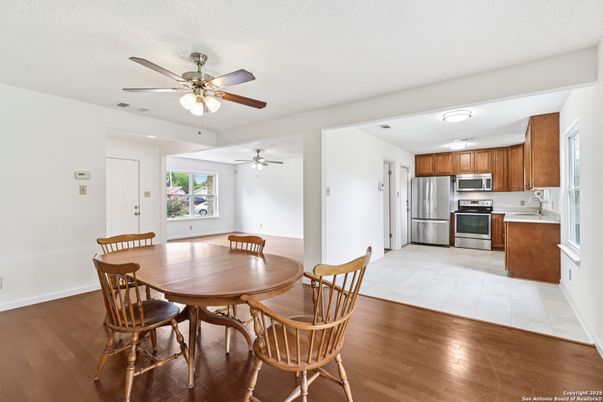 Dining room, Interior, Kitchen, Stainless Steel Appliances, Wood Texture Flooring