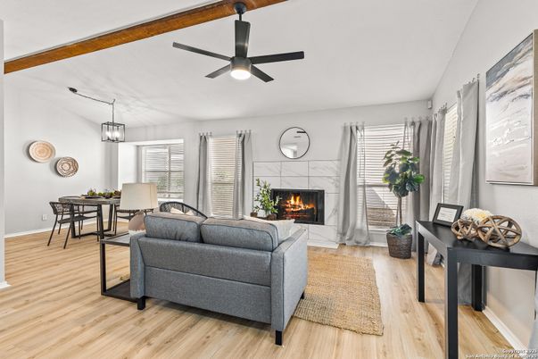 Dining room, Fireplace, Interior, Living room, Pendant Lights, Wood Texture Flooring