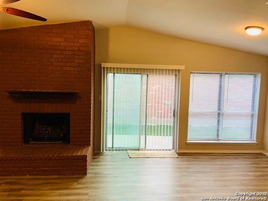 Empty room, Fireplace, Interior, Stone Walls, Wood Texture Flooring