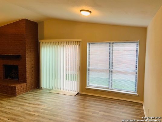 Empty room, Fireplace, Interior, Stone Walls, Wood Texture Flooring