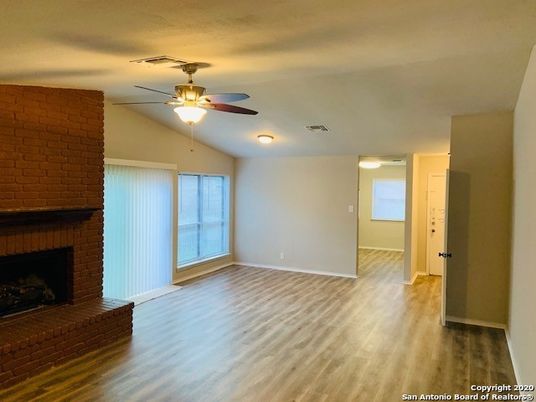 Empty room, Fireplace, Interior, Stone Walls, Wood Texture Flooring