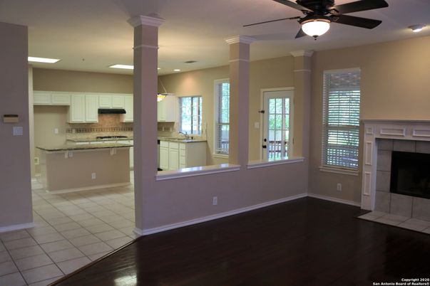 Fireplace, Interior, Kitchen, Pendant Lights, Recessed Lighting, Wood Texture Flooring