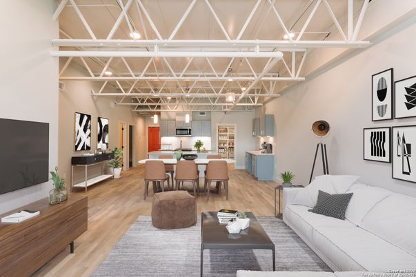 Dining room, Interior, Kitchen, Living room, Pendant Lights, Stainless Steel Appliances, Wood Texture Flooring