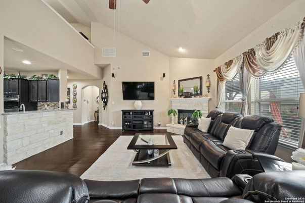 Dining room, Fireplace, Interior, Kitchen, Living room, Pendant Lights, Recessed Lighting, Stone Walls, Wood Texture Flooring