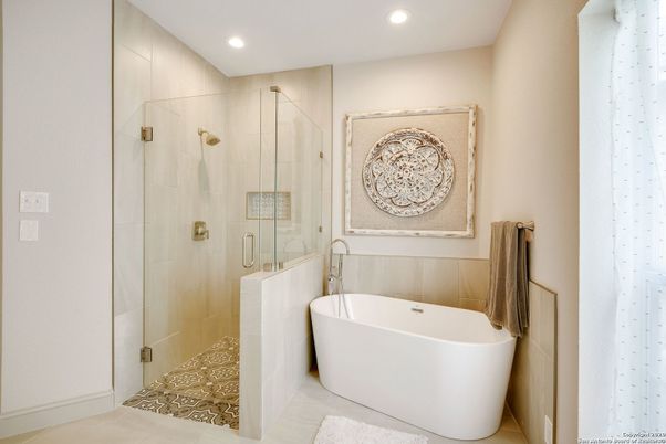 Bathroom, Free Standing Baths, Glass Shower, Interior, Recessed Lighting
