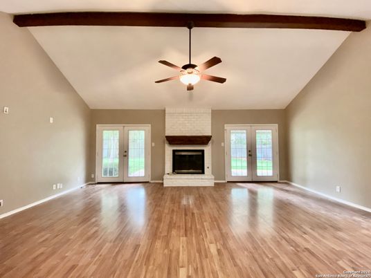 Empty room, Fireplace, Interior, Wooden Beams, Wood Texture Flooring