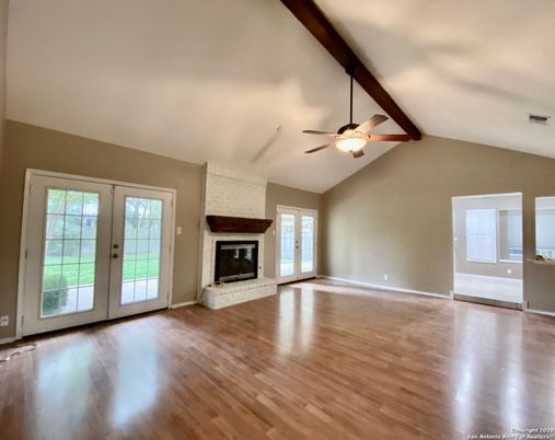 Empty room, Fireplace, Interior, Wooden Beams, Wood Texture Flooring