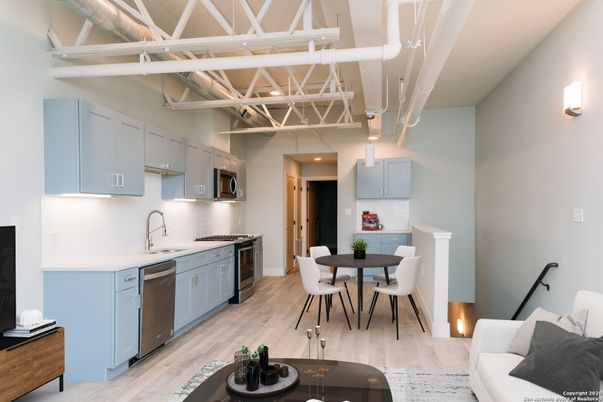 Dining room, Interior, Kitchen, Stainless Steel Appliances, Wood Texture Flooring