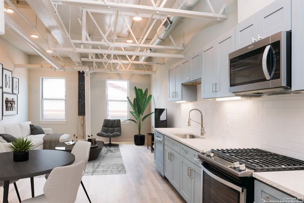 Dining room, Interior, Kitchen, Living room, Recessed Lighting, Stainless Steel Appliances, Wood Texture Flooring