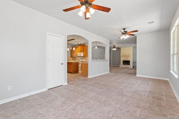 Empty room, Fireplace, Interior, Kitchen, Pendant Lights