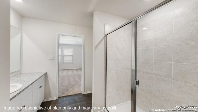 Bathroom, Glass Shower, Interior, Recessed Lighting, Wood Texture Flooring
