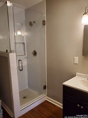 Bathroom, Glass Shower, Interior, Wood Texture Flooring