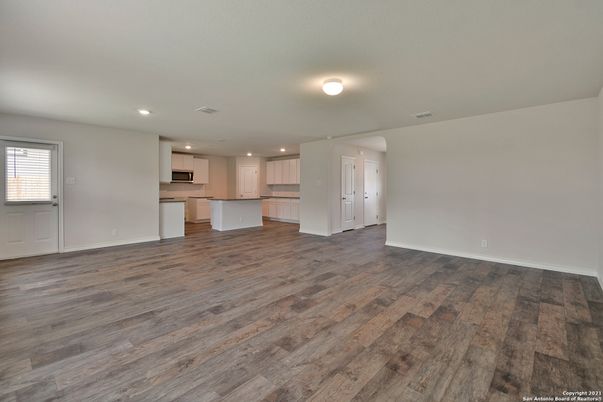 Empty room, Interior, Kitchen, Recessed Lighting, Wood Texture Flooring