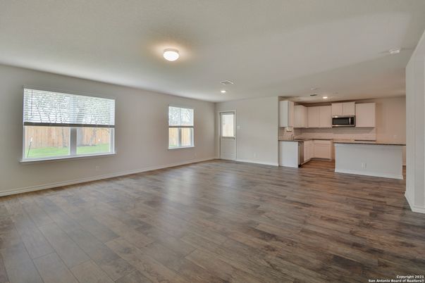 Empty room, Interior, Kitchen, Recessed Lighting, Wood Texture Flooring