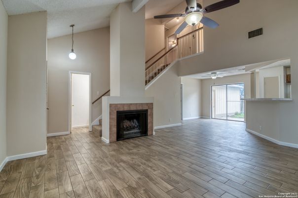 Fireplace, Interior, Pendant Lights, Wood Texture Flooring