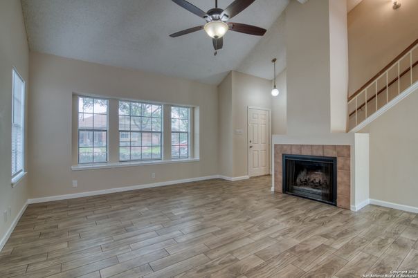 Empty room, Fireplace, Interior, Pendant Lights, Wood Texture Flooring