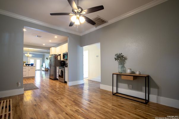 Chandelier, Interior, Kitchen, Recessed Lighting, Stainless Steel Appliances, Wood Texture Flooring