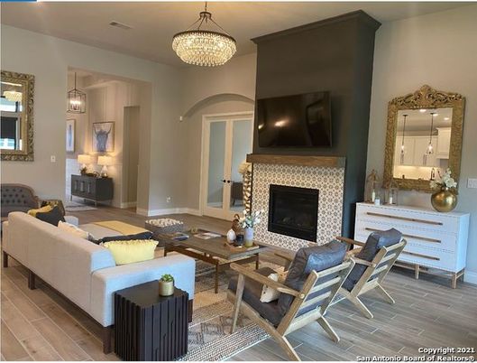 Chandelier, Fireplace, Interior, Living room, Pendant Lights, Wood Texture Flooring