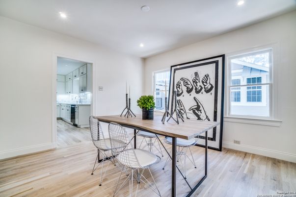 Dining room, Interior, Recessed Lighting, Wood Texture Flooring