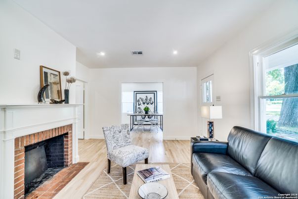 Fireplace, Interior, Living room, Recessed Lighting, Wood Texture Flooring