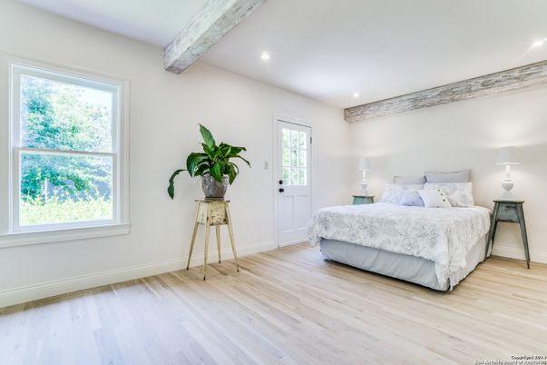 Bedroom, Interior, Recessed Lighting, Wooden Beams, Wood Texture Flooring