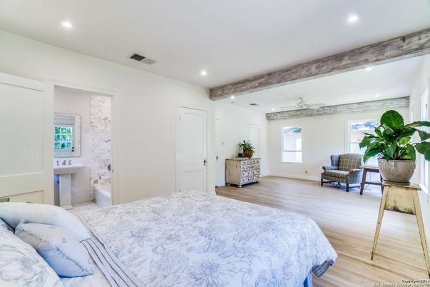 Bathroom, Bedroom, Interior, Recessed Lighting, Wooden Beams, Wood Texture Flooring