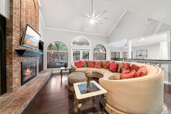 Fireplace, Interior, Living room, Recessed Lighting, Stone Walls, Wood Texture Flooring