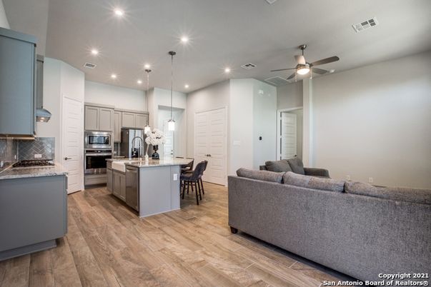 Interior, Kitchen, Living room, Pendant Lights, Recessed Lighting, Stainless Steel Appliances, Wood Texture Flooring