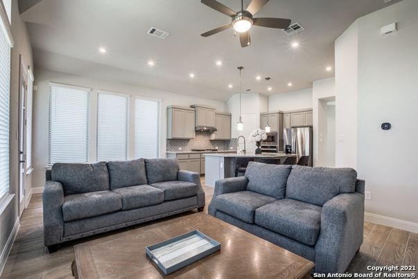 Interior, Kitchen, Living room, Pendant Lights, Recessed Lighting, Stainless Steel Appliances, Wood Texture Flooring