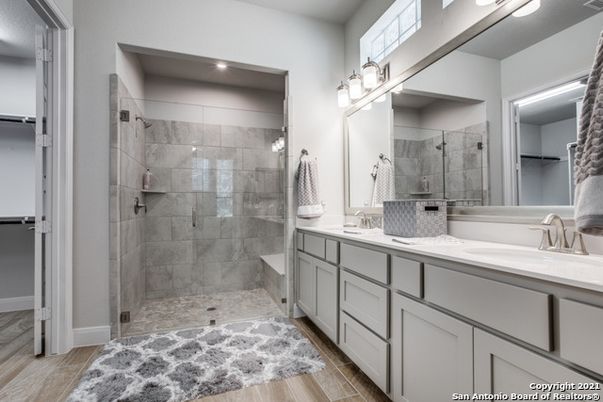 Bathroom, Dual Sink Vanities, Glass Shower, Interior, Wood Texture Flooring