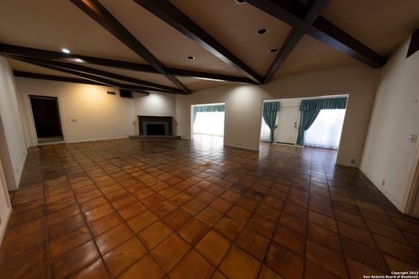 Empty room, Fireplace, Interior, Recessed Lighting, Wooden Beams