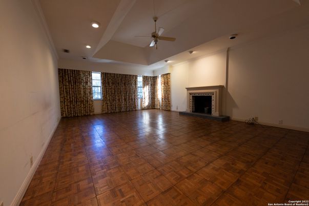 Empty room, Fireplace, Interior, Recessed Lighting, Wood Texture Flooring
