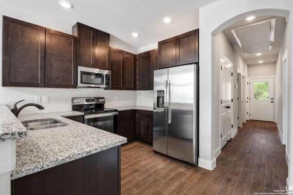 Interior, Kitchen, Recessed Lighting, Stainless Steel Appliances, Wood Texture Flooring