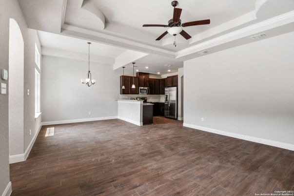 Chandelier, Interior, Kitchen, Pendant Lights, Recessed Lighting, Stainless Steel Appliances, Wood Texture Flooring