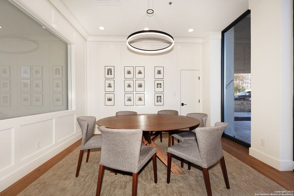 Dining room, Interior, Pendant Lights, Recessed Lighting, Wood Texture Flooring
