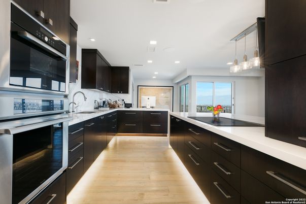 Interior, Kitchen, Pendant Lights, Recessed Lighting, Stainless Steel Appliances, Wood Texture Flooring