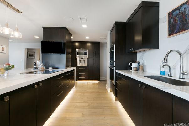 Interior, Kitchen, Pendant Lights, Recessed Lighting, Stainless Steel Appliances, Wood Texture Flooring